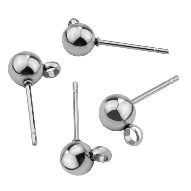 Tongcloud 100pcs Hypoallergenic Silver Ball Post Earrings - Stainless Steel Stud Earrings with Loops (Sliver, 5mm) - Image 3